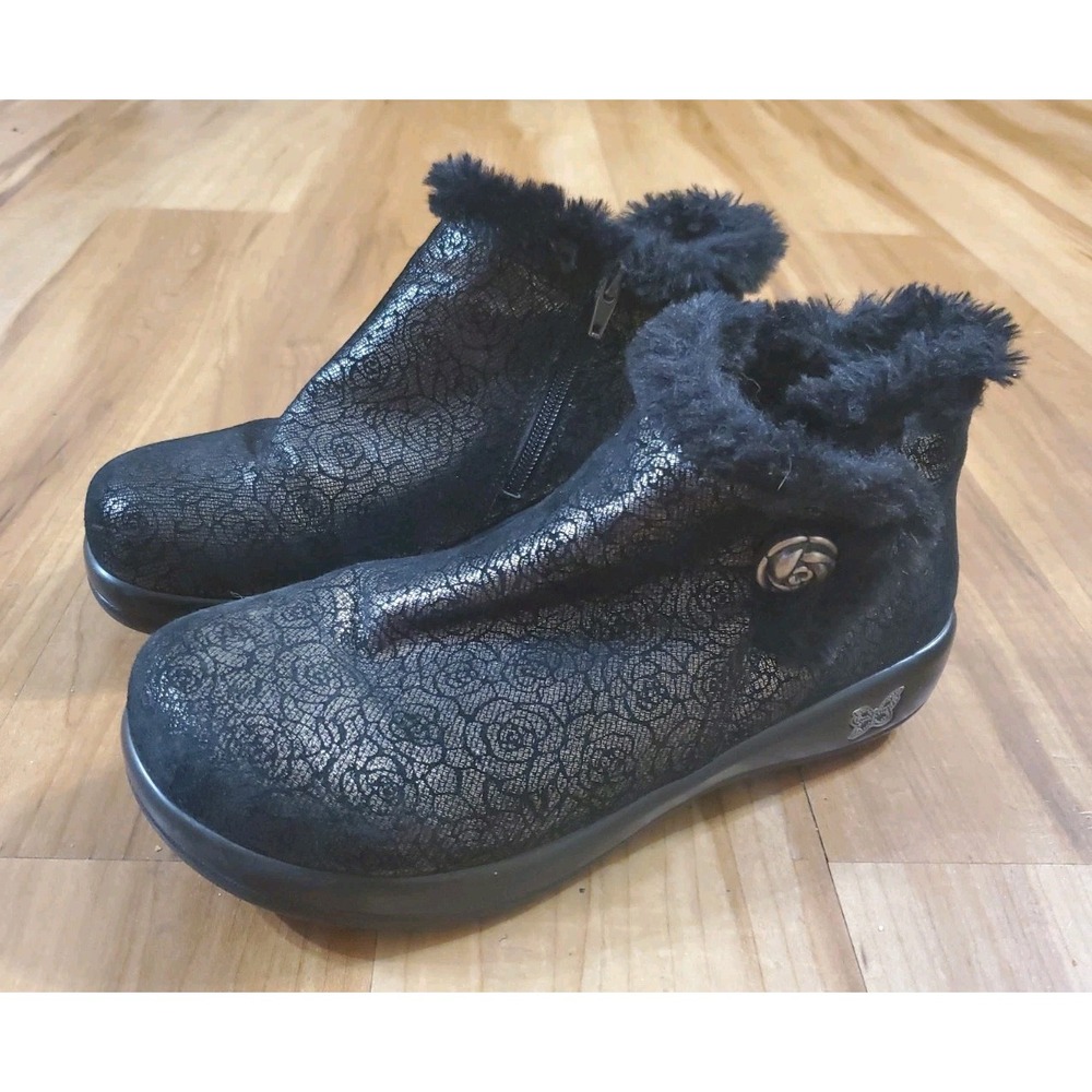 Alegria Womens EUR 38 US 8 Meri Roses Black Floral Faux Fur Lined Booties